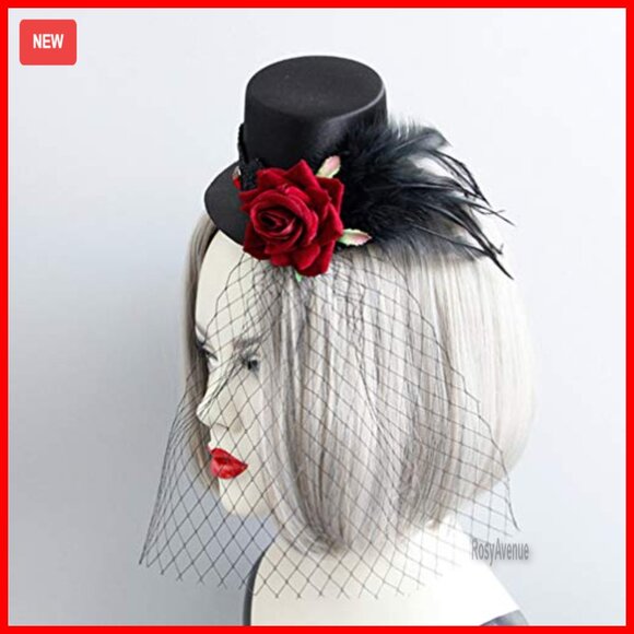 Black Satin Mini Top Hat Hair Clip with Feather and Mesh Veil main image 7
